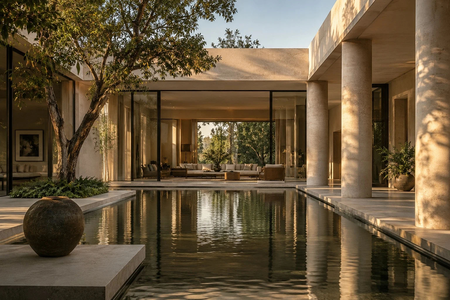 Architectural concept of a sunlit stone courtyard, reflecting water and a warm living space