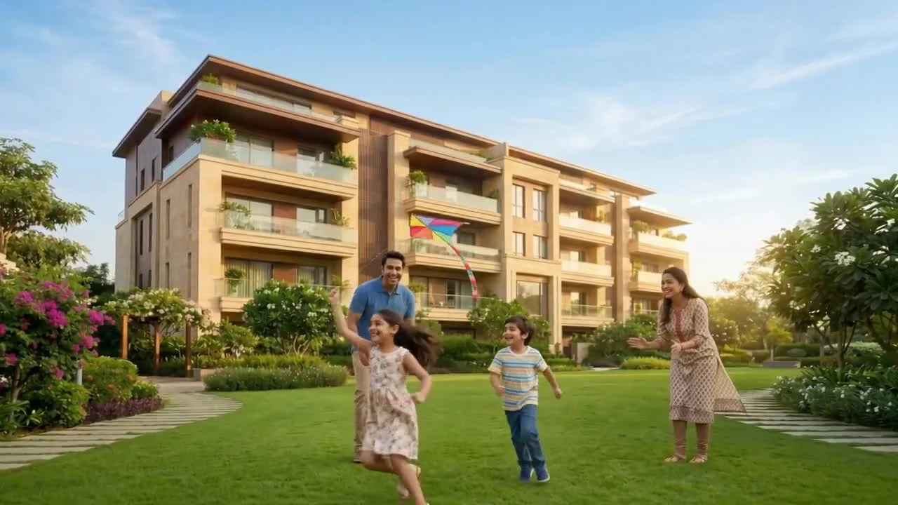 A family flying a kite in the garden of a residential community — lifestyle concept