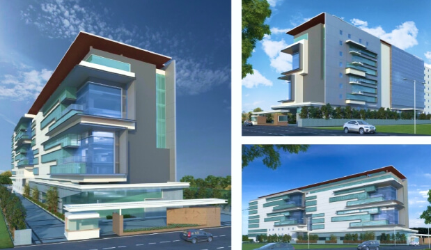 Qube commercial building featuring sleek glass design.